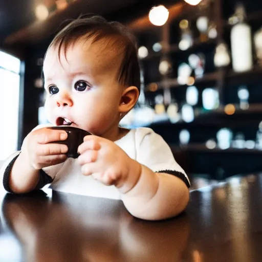 Image similar to a baby drinking an espresso martini at a bar