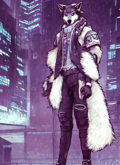 Image similar to character portrait of a male anthro wolf fursona with white fur, a tail and a cute beautiful attractive furry face wearing stylish cyberpunk clothes in a cyberpunk city at night while it rains. hidari, color page, tankoban, 4K, tone mapping, Akihiko Yoshida.