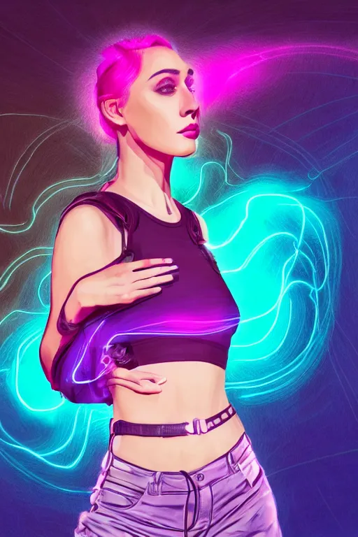 Image similar to a award winning half body portrait of a beautiful woman in a croptop and cargo pants with ombre purple pink teal hairstyle and hands in pockets by ari liloan, surrounded by whirling illuminated lines, outrun, vaporware, shaded flat illustration, digital art, trending on artstation, highly detailed, fine detail, intricate