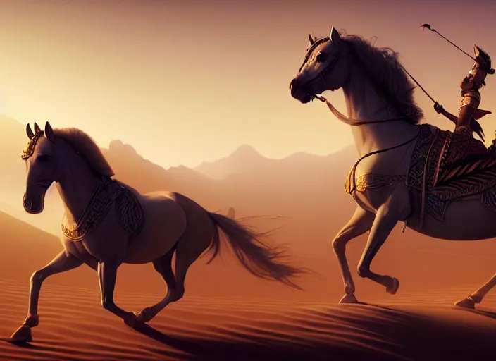 Prompt: arabian knight on arabian horse in the desert, sand environment, illustration, symmetrical, smoky, unreal engine, colors, epic scene, fantasy art by greg rutkowski, octane redner, golden raito, high quality, intricate details, highly details, intricate, atmosphere, highly detailed, matte painting, cinematic, deviantart, realistic, concept art, 4 k