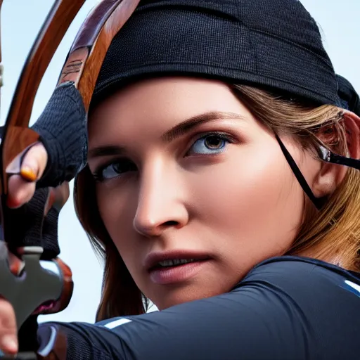 Prompt: photo realistic, consistent and highly detailed face, a attractive sports woman in archery, pointing his bow, uhd 8 k, highly detailed