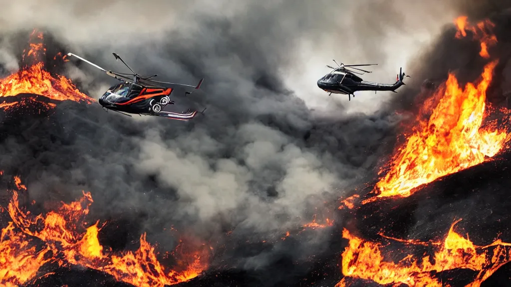 Image similar to person wearing a sponsored team jersey with logos jumping out of a helicopter with a surfboard into a volcano, action shot, dystopian, thick black smoke and fire, sharp focus