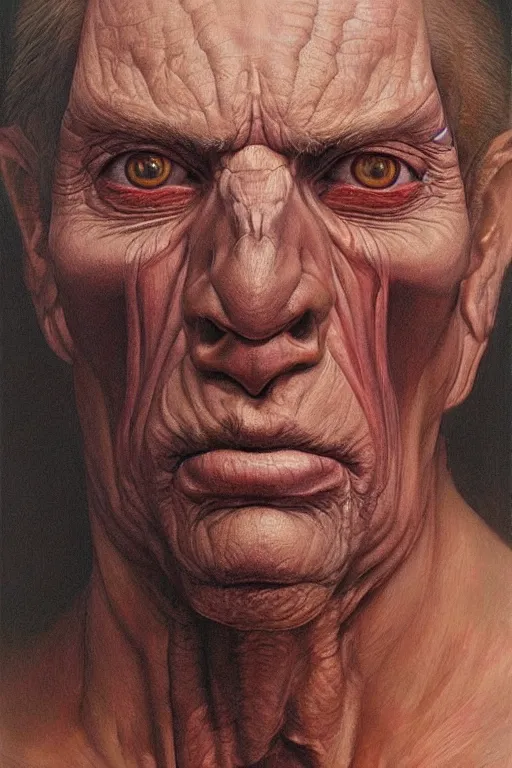 Prompt: beautiful clean oil painting biomechanical portrait of man face by wayne barlowe, complex, stunning, realistic, skin color