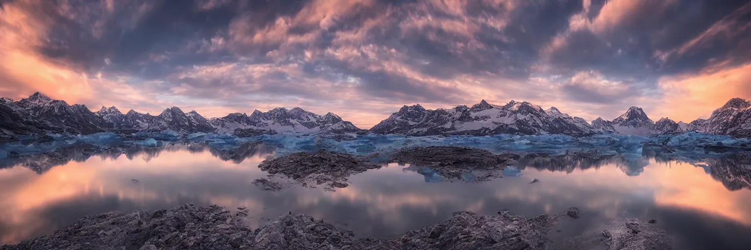 Prompt: landscape photography by marc adamus, glacial lake, sunset, dramatic lighting, mountains, clouds, beautiful'gives instant pleasant looking photography - like images