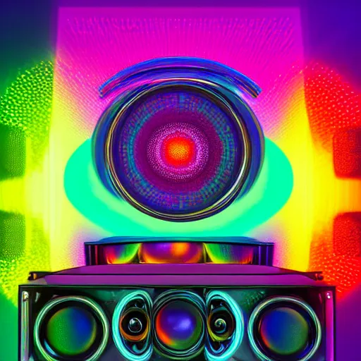 Image similar to a multicolored image of ( ( ( a speaker surrounded by speakers ) ) ), a hologram!!! by barclay shaw, shutterstock contest winner, holography, holographic, ray tracing!!!, psychedelic