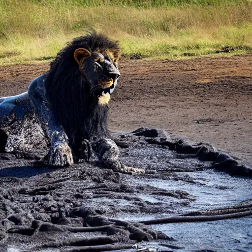 Prompt: a shiny black gooey covered lion emerging from gooey sticky tar pits, strands of tar sticking to the lion. wildlife photography, photo, dslr, safari, full body, goo