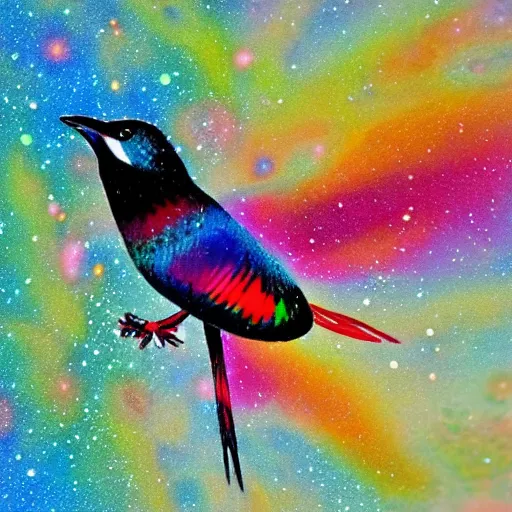 Prompt: colorful bird fly in mystery galaxy