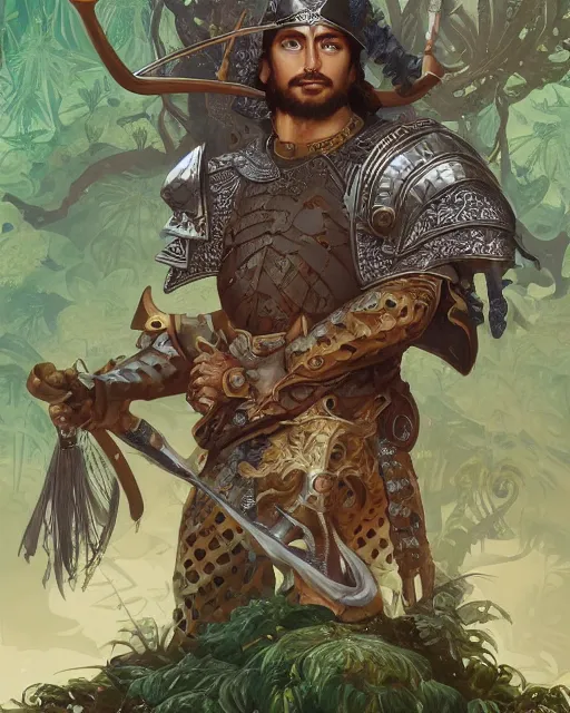 Prompt: a 3d render of a spanish conquistador wearing ornate armor with the face of karim benzema in a dense jungle, art by Peter mohrbacher and Dan mumford and studio ghibli, fantasy, intricate octane, trending on artstation, studio ghibli color scheme, detailed, 8k