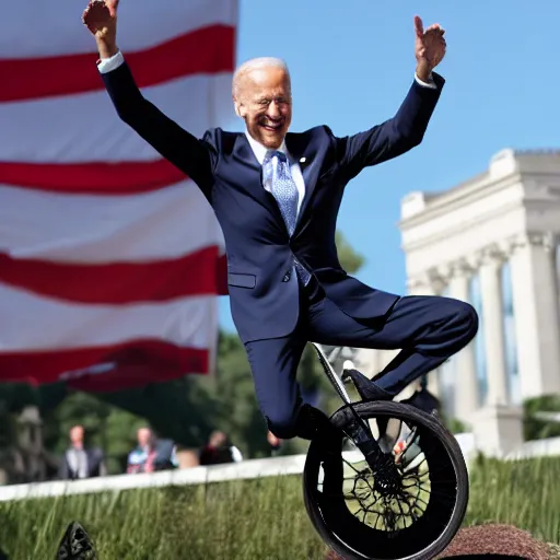 Prompt: a photograph of joe biden riding a unicycle
