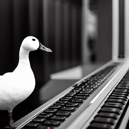 Prompt: Hacker goose with a keyboard in the mainframe, digital art, RTX on, perfect face, directed gaze, intricate, Sony a7R IV, symmetric balance, polarizing filter, Photolab, Lightroom, 4K, Dolby Vision, Photography Award