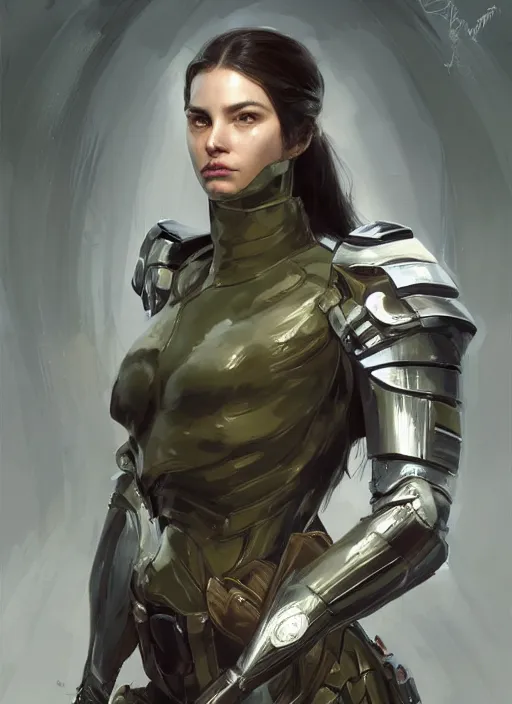 Image similar to a professional painting of a beautiful young female, clothed in military armor, olive skin, long dark hair, beautiful bone structure, symmetrical facial features, intricate, elegant, digital painting, concept art, smooth, sharp focus, illustration, from Metal Gear, by Ruan Jia and Mandy Jurgens and Artgerm and William-Adolphe Bouguerea