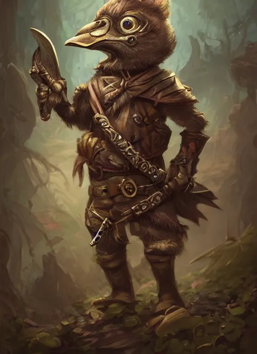 Prompt: cute little anthropomorphic rockfowl bandit wearing swamp patch, tiny, small, miniature animal, baby animal, short, pale black armor, cute and adorable, pretty, beautiful, DnD character art portrait, matte fantasy painting, DeviantArt Artstation, by Jason Felix by Steve Argyle by Tyler Jacobson by Peter Mohrbacher, cinematic lighting