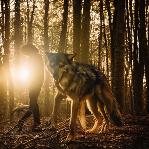 Image similar to werecreature consisting of a wolf and a human, golden hour, photograph captured in a forest