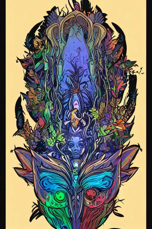 Image similar to animal mask totem roots flower tribal feather gemstone plant wood rock shaman vodoo video game vector cutout illustration vivid multicolor borderlands comics by josan gonzales and dan mumford radiating a glowing aura