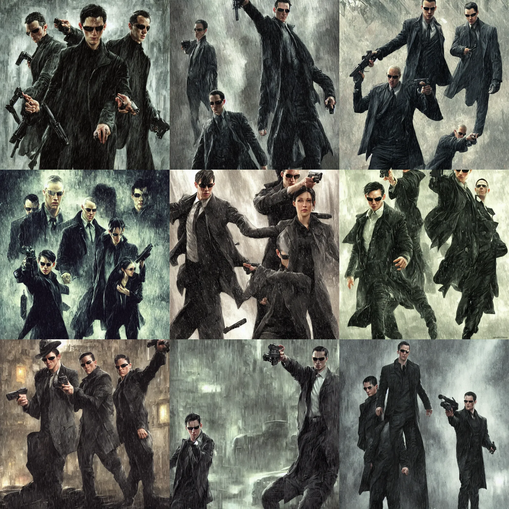 Prompt: Agents from the matrix movie, Agents are pointing a gun a Mr. Anderson in heavy rain, D&D, scifi, portrait, highly detailed, digital painting, artstation, concept art, sharp focus, illustration, art by artgerm and greg rutkowski and magali villeneuve and alphonse mucha,Lucas Graciano, digital art, steve argyle, peter Mohrbacher, Davi Blight, orientalism and bouguereau and Zdzislaw Beksinski