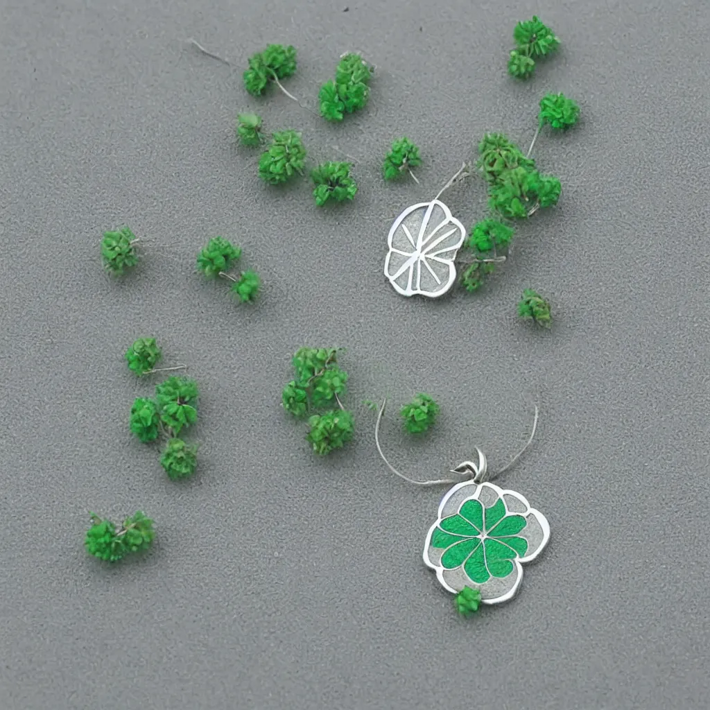 Prompt: Amulet Of Clover inlaid in silver light green colors, realistic, clean,