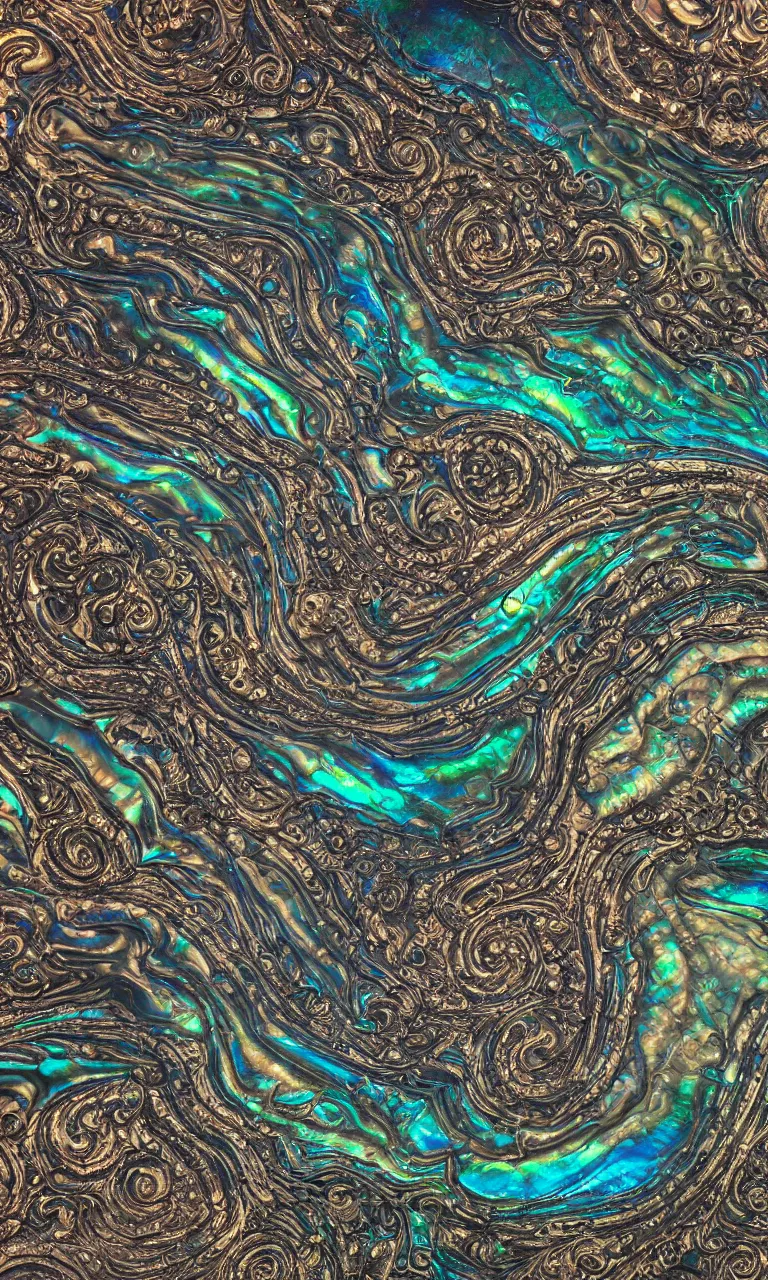 Image similar to Art Nouveau cresting oil slick waves, hyperdetailed bubbles in a shiny iridescent oil slick wave, black opal, abalone, paua shell, ornate copper patina medieval ornament, rococo, oganic rippling spirals, octane render, 8k 3D