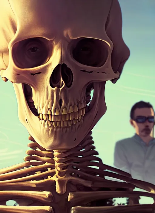 Image similar to highly detailed portrait of skeleton in gta v, stephen bliss, unreal engine, greg rutkowski, loish, rhads, beeple, makoto shinkai and lois van baarle, ilya kuvshinov, rossdraws, tom bagshaw, alphonse mucha, global illumination, god rays, detailed and intricate environment