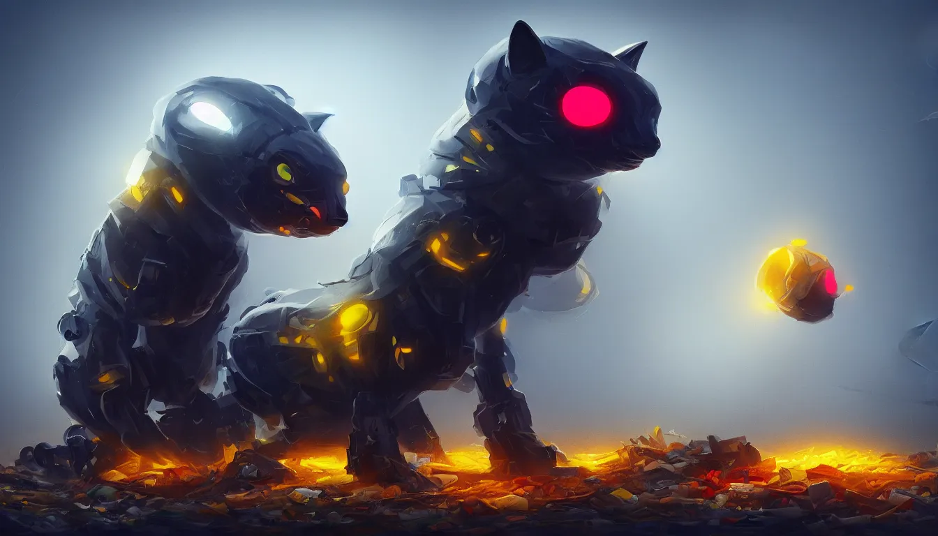 Image similar to ai limbo, gigantic robotic cat with red eyes walks in a trash heap in yellow mist, digital art, trending on artstation, 8k, highly detailed,