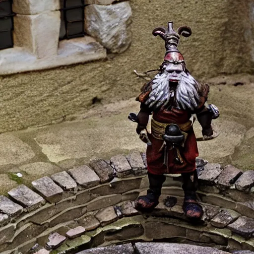 Image similar to Confused warrior dwarf standing on stone spiral staircase