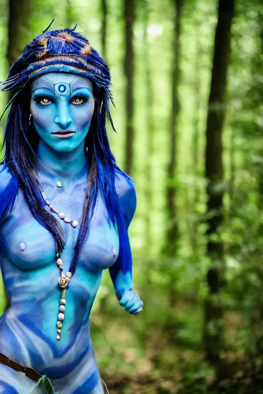 Image similar to an italian woman dressed as a blue-skinned female navi from avatar standing in a forest, blue body paint, high resolution film still, 8k, HDR colors, cosplay, outdoor lighting, high resolution photograph, photo by bruce weber, beautiful symmetric face, beautiful gazing eyes