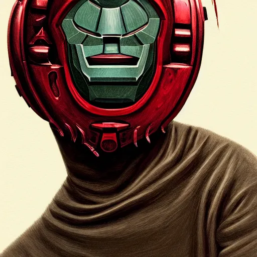 Image similar to portrait of mf doom, dr. doom metal steel mask, dark skin underneath. red t - shirt, beige complex background, intricate, elegant, highly detailed, digital painting, artstation, concept art, smooth, sharp focus, illustration, by anato finnstark, boissb - blanca. j, cindy avelino, clint cearley, anna podedworna