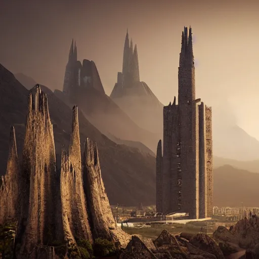 Image similar to a gigantic brutalist ancient tower, a detailed structure with at the top 3 spires in form of a trident, 6 0 0 hundred meters tall set against sunlit, all surrounded by smoke, mountains and a huge old city, vray render 4 k, octane render 8 k, art station, ultra realistic, cinematic composition, style of weta, in the style of ilm