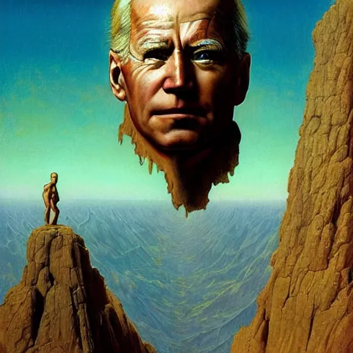 Prompt: portrait of immense, majestic, surreal, terrifying joe!!!! biden!!! standing triumphant over the city, perfectly clear face, by j. c. leyendecker, bosch, and beksinski