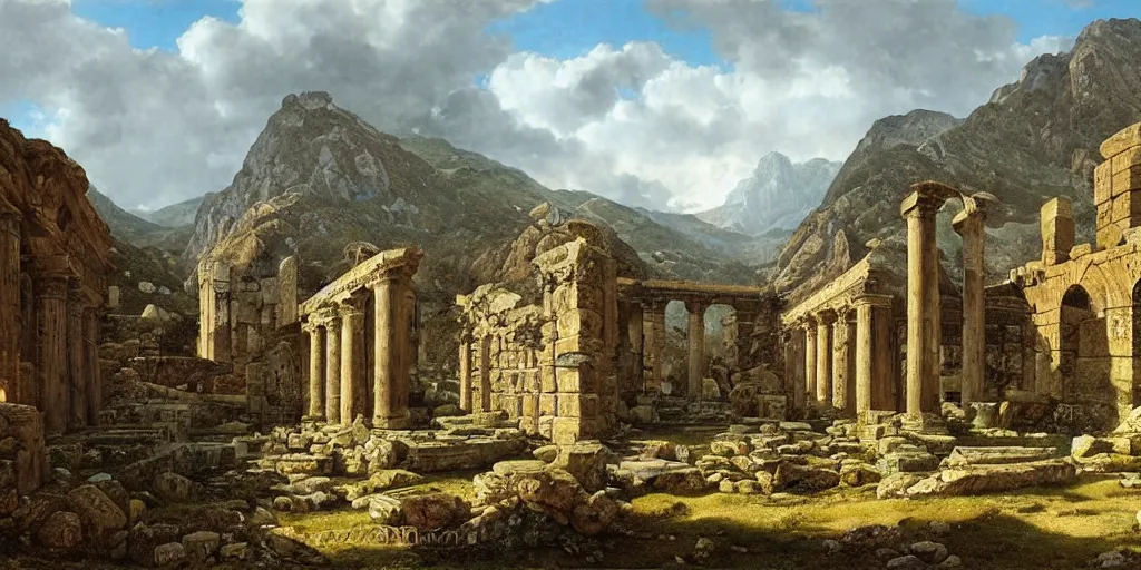 Image similar to roman ruins in mountains by ferdinand knab,