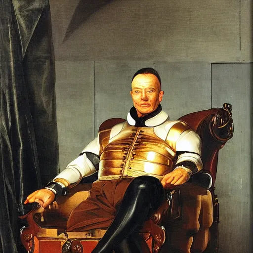 Prompt: a rich business man sitting in a big chair with a smirk, futuristic, sci - fi, by velazquez