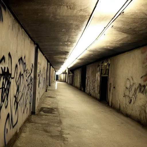 Prompt: very long dark corridor with graffiti on the walls underground passageway