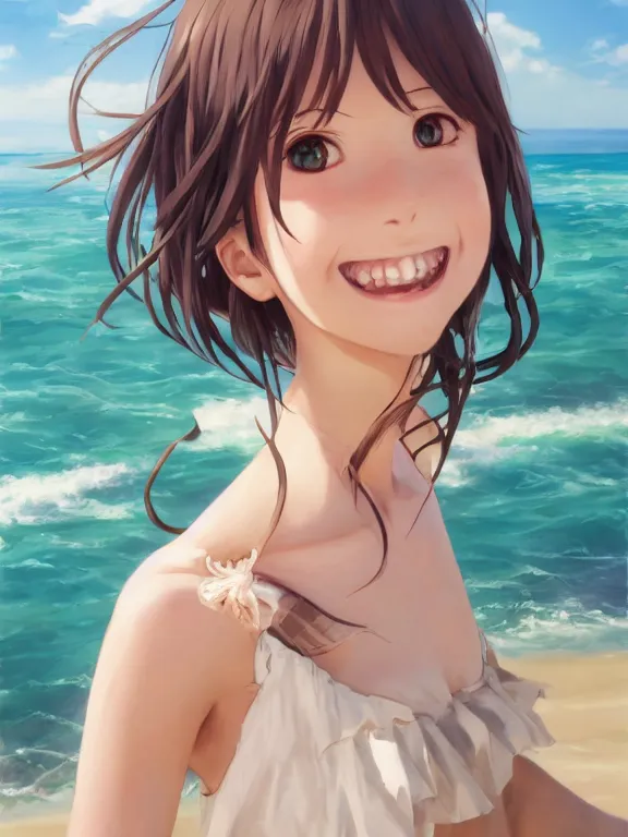 Image similar to A portrait of a smiling anime girl on the beach near the ocean, young child, medium shot, whole head, trending on artstation, by Stanley Artgerm Lau, WLOP, Rossdraws, James Jean, Andrei Riabovitchev, Marc Simonetti, and Sakimi chan, anime portrait, official anime artwork