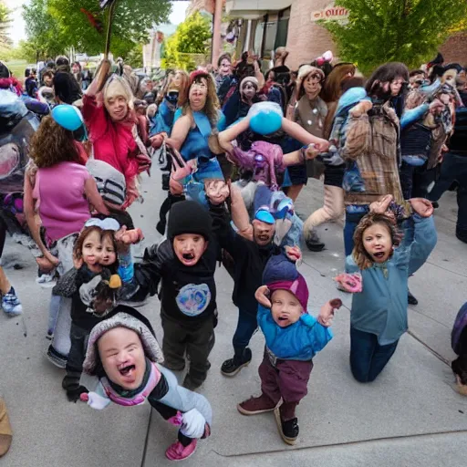 Prompt: wide - angle photograph of a group of toddlers rioting after listening to jordan peterson debate nap time, daycare center