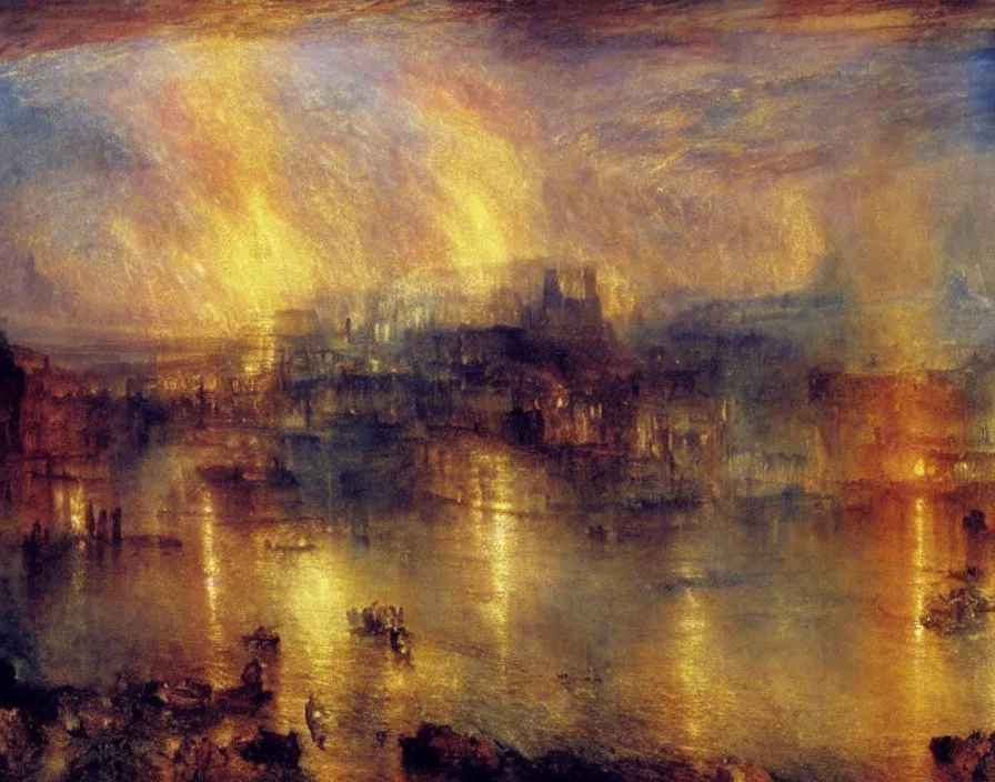 Prompt: Incredible pre-industrial city ultradetailed wonderful landscape by Turner, Tate gallery. Amazing colour scheme. Incredibly colourful. Rainbow. Stars falling. Incondescent sunshine