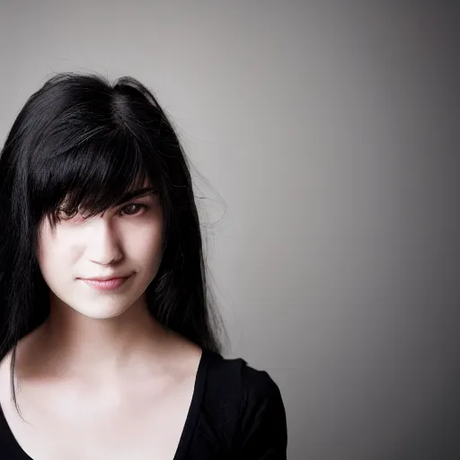 Image similar to young woman with long messy black hair, slightly smiling, 1 3 5 mm nikon portrait