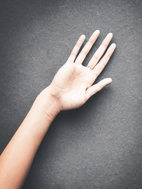 Prompt: macro photo of one!! elegant gorgeous detailed woman's hand palm up, palm lines, instagram photo, studio photo