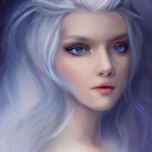 Image similar to A portrait of an attractive young female ice angel, beautiful long white hair, wearing ice crystals, intricate, highly detailed, elegant, digital painting, trending on artstation