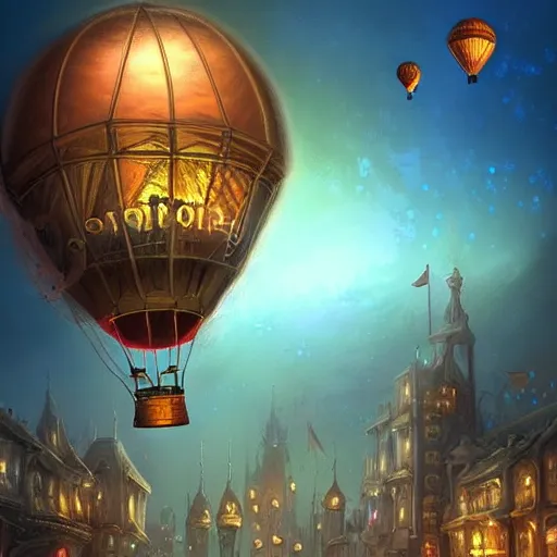 Image similar to a beautiful stunning fantasy whimsical matte digital illustration of a scene of a steampunk hot - air balloon over a lit steampunk!! city at night by marc simonetti, pastel color palette, disney magic the gathering steampunk!!!, chiaroscuro magical! bokeh moon stars dramatic romantic! epic breathtaking, clock tower,, trending on artstation hq, masterpiece