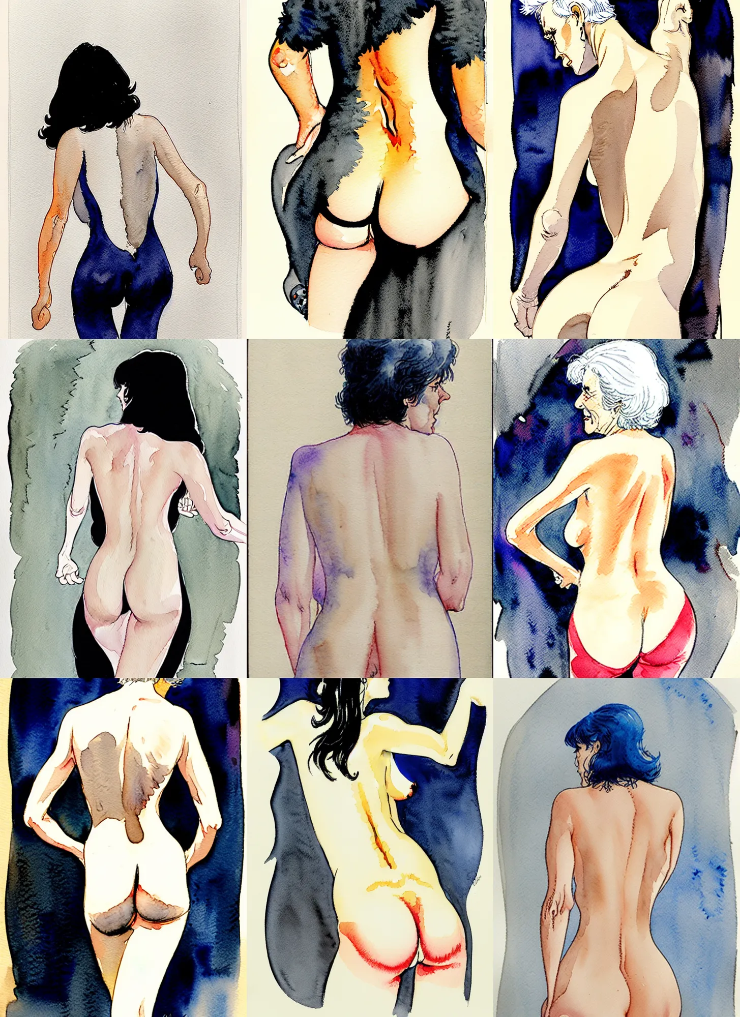 Prompt: the lower back of an attractive grey haired woman. watercolor drawing by hugo pratt and milo manara.