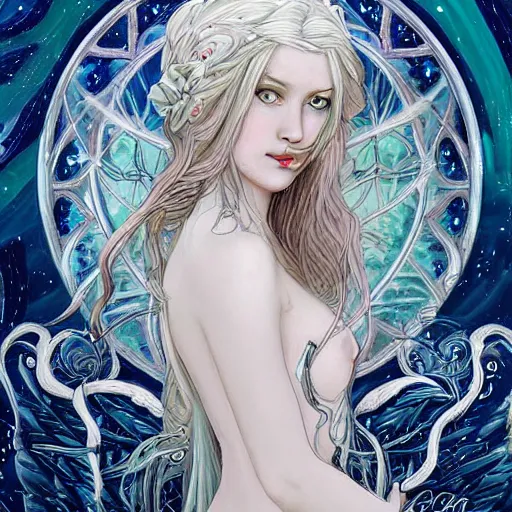 Image similar to seductive eyes, ethereal white witch girl portrait, art nouveau, fantasy, intricate designs, elegant, highly detailed, sharp focus, galaxies, female