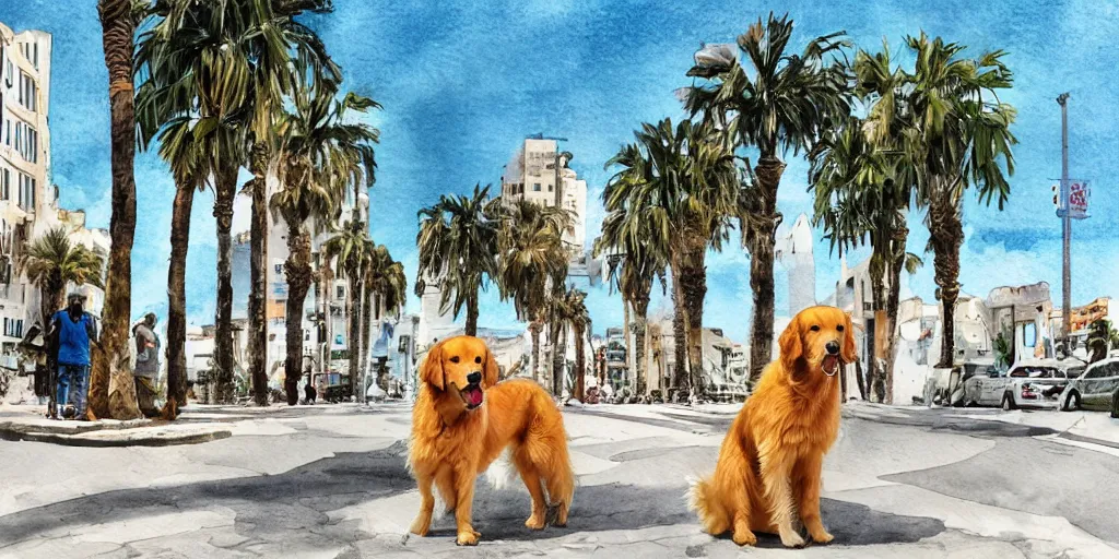 Image similar to photoreal golden retriever dog standing in tel aviv street looking at the camera. palm trees. optimistic. digital art. watercolor. highly detailed. drawing. art. colorful. fluffy