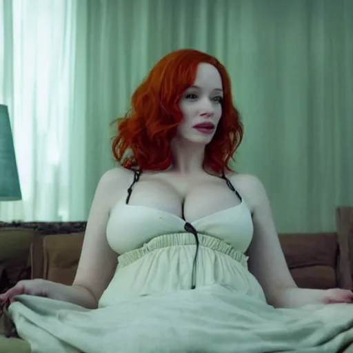 Image similar to amazing beautiful Christina Hendricks with mouth wide open in the living room, film still from the movie directed by Denis Villeneuve , wide lens