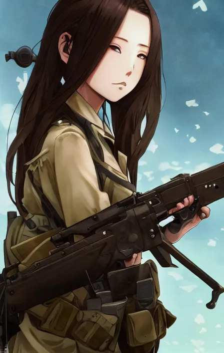 Prompt: infantry girl, anime style, long hair, hair down, symmetrical facial features, shot wounds, phone wallpaper, from girls frontline, hyper realistic, pale skin, rule of thirds, extreme detail, detailed drawing, trending artstation, hd, war action, trading card, by alphonse mucha, greg rutkowski, backlit