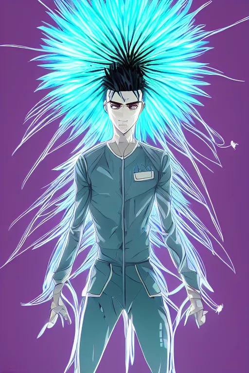 Image similar to cyan glowing luminescent dandelion male anime character, symmetrical, highly detailed, digital art, sharp focus, trending on art station, purple eyes, beautiful colours