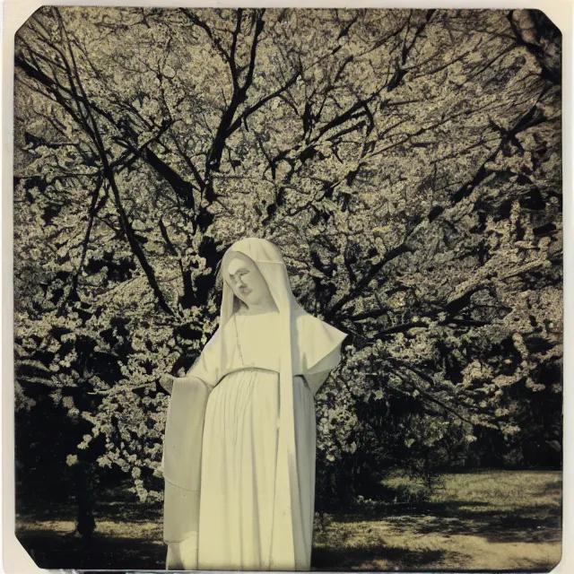 Prompt: vintage polaroid of white mother mary statue, pictured close and slightly from below, sky with clouds and a cherry tree in background
