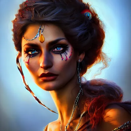 Image similar to the gypsy, perfect eyes, full body shot, portrait, vivid colors, elegant, concept art, sharp focus, digital art, Hyper-realistic, 4K, Unreal Engine, Highly Detailed, HD, Dramatic Lighting by Brom, trending on Artstation