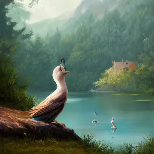 Prompt: Anthropomorphic bird, sitting at a pond, mountainous area, trees in the background, oil painting, by Fernanda Suarez and Greg Rutkowski