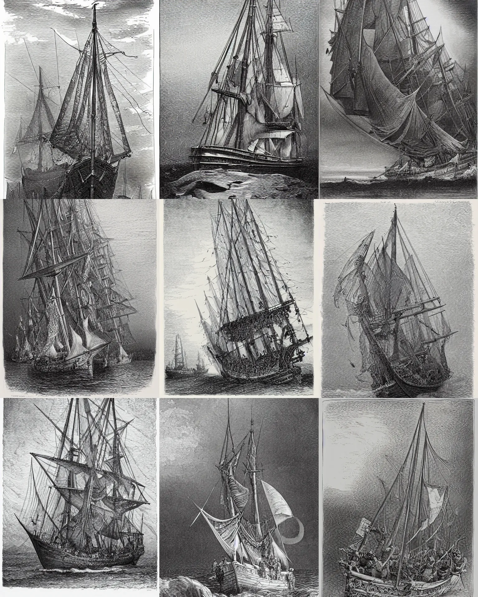 Prompt: a spot illustration engraving of a sailing ship by gustave dore, ian miller, highly detailed, lithograph engraving, storybook illustration, spot illustration