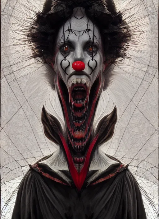 Image similar to symmetry!! portrait of giant clown monster, gothic, dark, intricate, elegant, highly detailed, digital painting, artstation, concept art, smooth, sharp focus, illustration, art by artgerm and greg rutkowski and alphonse mucha