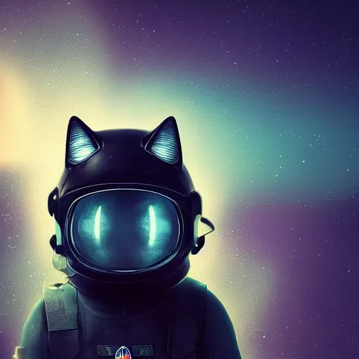 Image similar to beautiful dark landscape, a black cat dressed as an astronaut, in the style of beeple and Mike Winkelmann, intricate, epic lighting, cinematic composition, hyper realistic, 8k resolution,